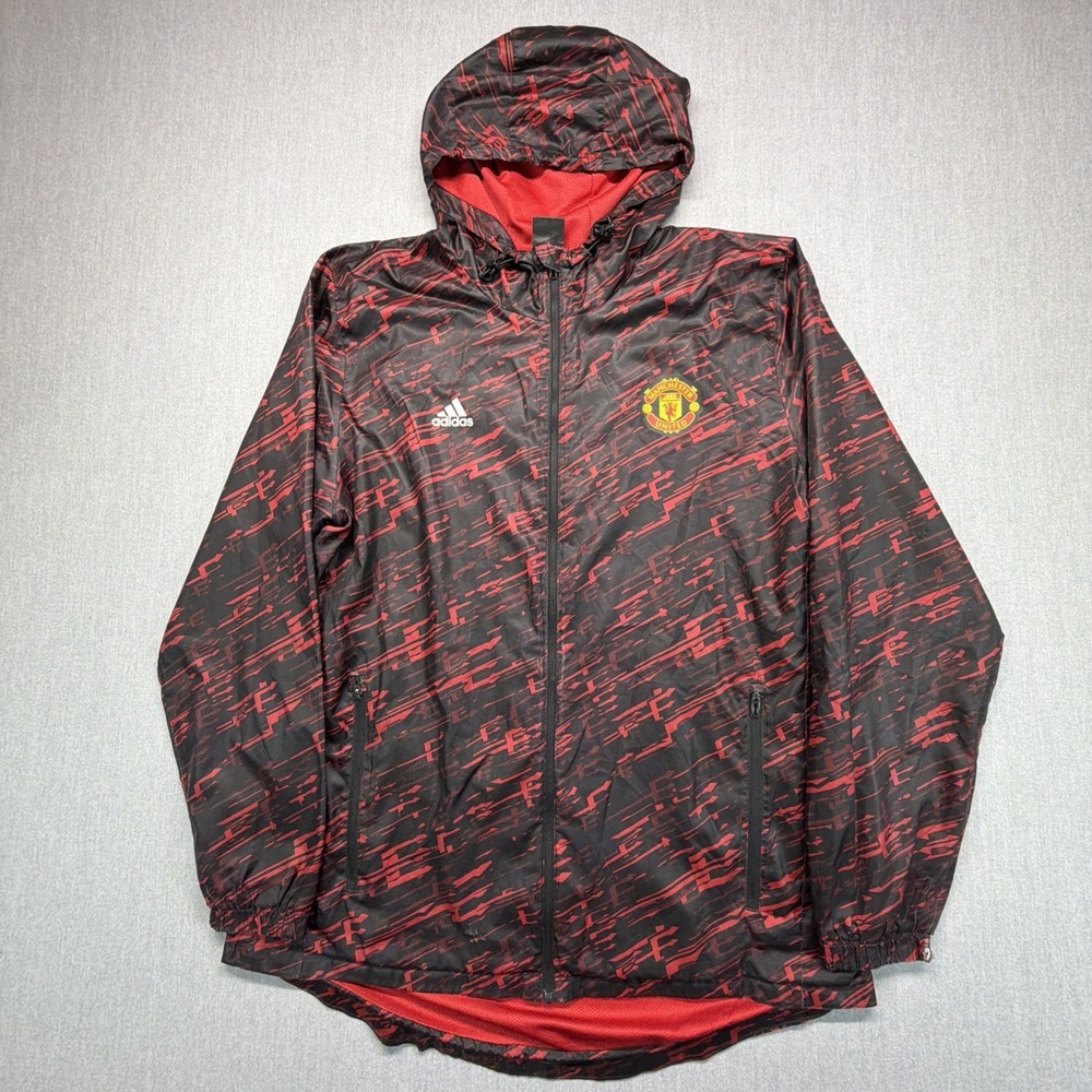 Adidas Manchester United Windbreaker Jacket Mens Large Red Full Zip Hooded AOP
